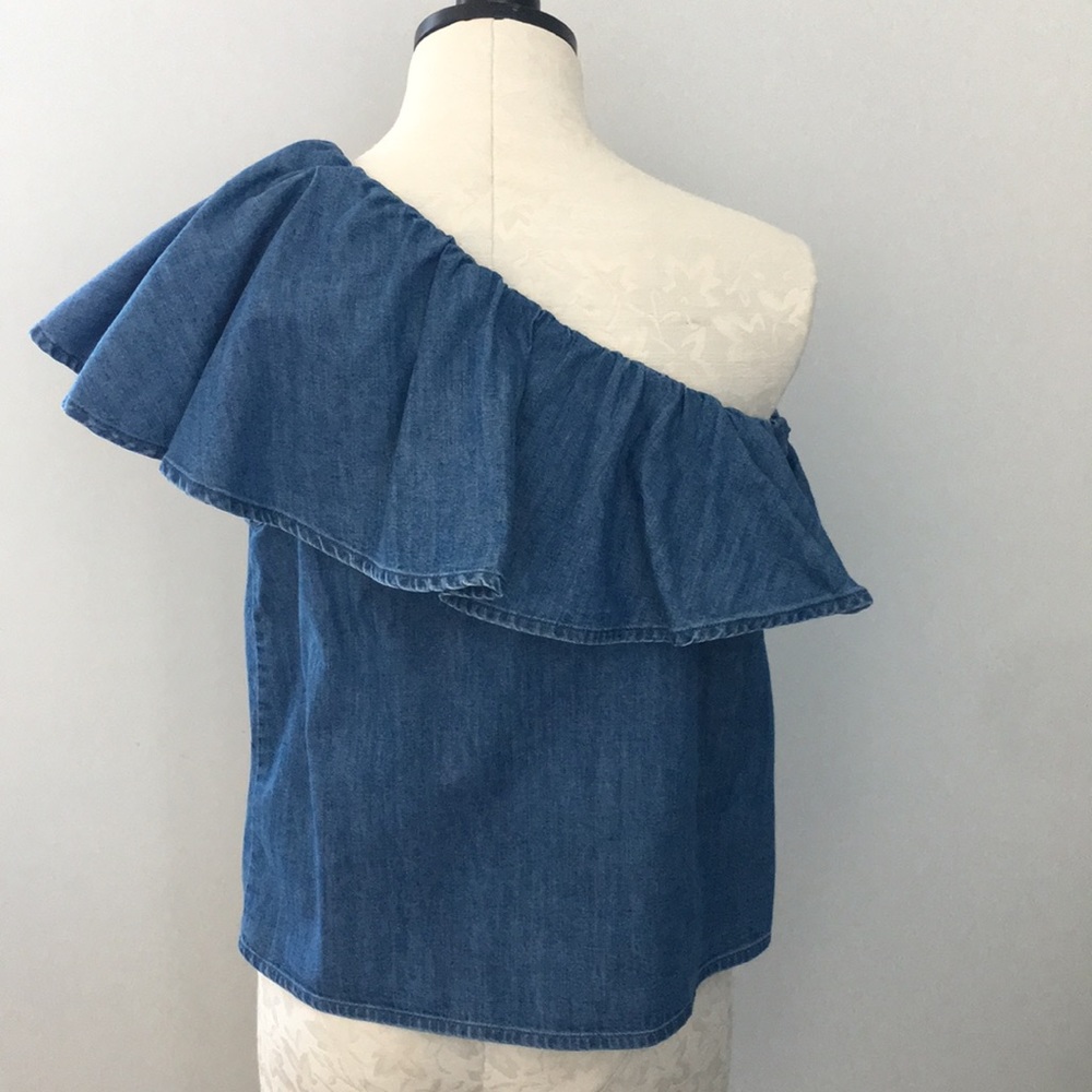Gap Denim Asymmetrical One Shoulder Ruffle Top - Picture 4 of 6